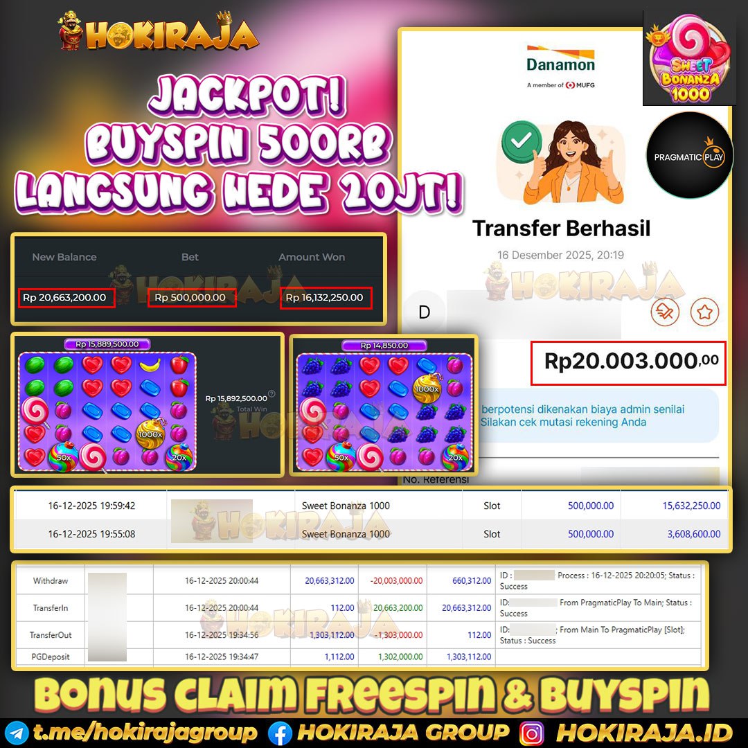 HOKIRAJA JACKPOT SLOT SWEET BONANZA 1000 RP 20.003.000 ID : KWQ***